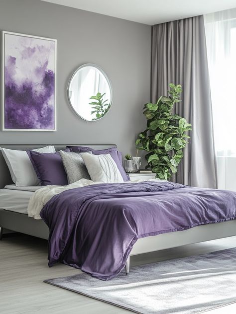 Purple and Grey Bedroom Ideas: Stylish Decor Inspiration – Bedroom Ideas and Inspirations | Magnolia 119 Lavender Boho Bedroom, Purple And Gray Bedroom Ideas, Purple And Gray Bedroom, Bedroom Lavender, Lilac Bedroom, Lavender Bedroom, Minimalist Bedroom Ideas, Lavender Decor, Purple Bedrooms