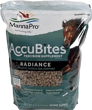 Amazon.com : Manna Pro AccuBites Radiance Equine Supplement – Skin & Coat, Essential Vitamins & Hoof Health for Horses – Packed with Omega 3, 6, & Biotin – Main & Tail Maintenance – Alfalfa Flavored – 7.5 lbs : Pet Supplies Healthy Horses, Horse Supplements, Shire Horse, Horse Treats, Mane N Tail, Essential Vitamins, Vitamin Supplements, Omega 3, Fatty Acids