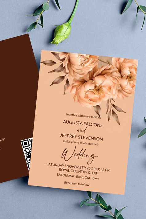 Peach beige flowers elegant all in one wedding editable template invitation digital download Peach Motif For Wedding, Sage And Peach Wedding Invitations, Lilac And Peach Wedding Invitations, Peach Wedding Invitation Template, Apricot Wedding, Peach Wedding Invitations, Wedding Invitation Card Template, Printing Wedding Invitations, Wedding Card Design