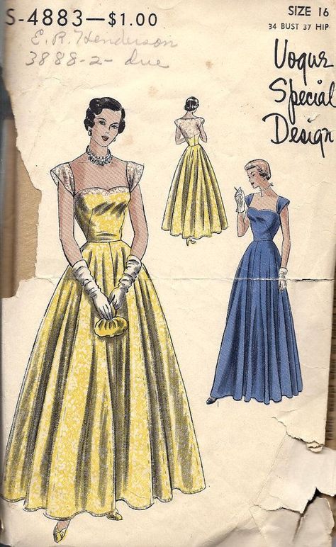 Ball Gown Pattern, 40s Wedding, Vintage Fashion Sketches, Vintage Clothes Patterns, Vintage Ball Gowns, Circular Skirt, Vintage Vogue Patterns, Dress Illustration, Fashion Illustration Vintage