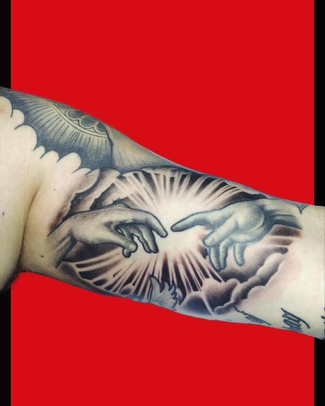 God’s hand reaching out #tattoo #tattooreveal #religioustattoo Hands Reaching Out, Religious Tattoo, Hand Tattoos, Tattoos