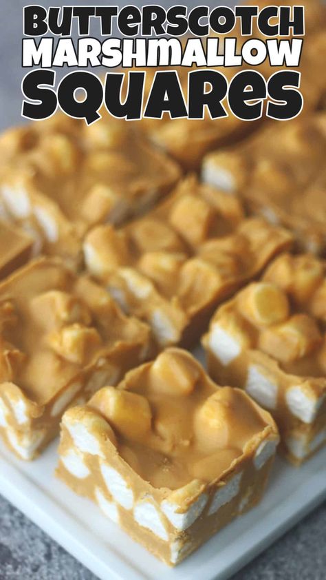 Butterscotch Marshmallow Squares | No Bake Dessert Recipe What To Make With Butterscotch Pudding, Butterscotch Dessert Dip, Butterscotch Marshmallow Squares, Butterscotch Marshmallow, Marshmallow Dessert Recipes, Peanut Butter Marshmallow Squares, Butterscotch Desserts, Marshmallow Sweets, Marshmallow Squares