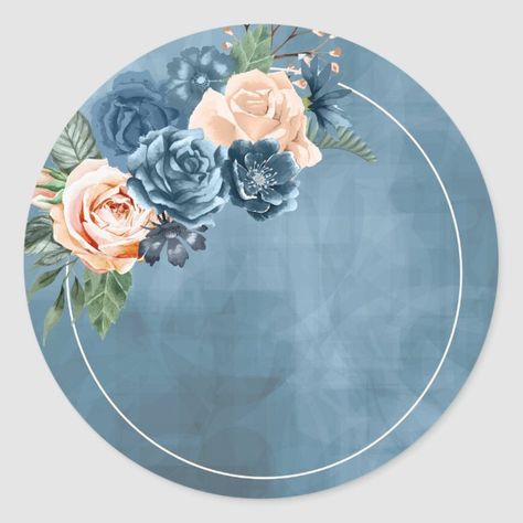 Roses Blue/Peach Wedding Mr and Mrs ID584 Classic Round Sticker | Zazzle.com Border Design Flower, Blue Peach Wedding, Vertrouw Op God, Wedding Mr And Mrs, Flower Picture Frames, Edible Toppers, Watercolor Monogram, Roses Blue, Flower Picture