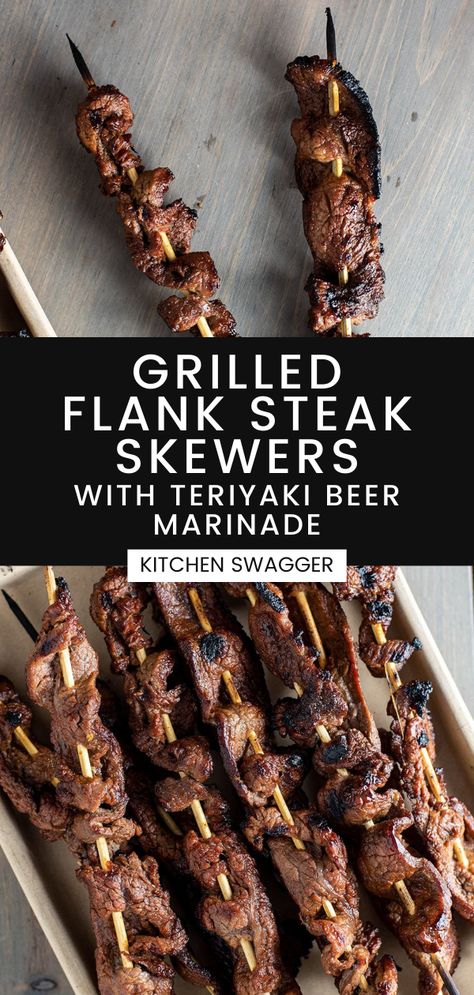 Homemade Teriyaki Marinade, Grilled Beef Skewers, Beef Skewers Grill, Teriyaki Skewers, Steak Skewers, Steak Kabobs, Marinated Flank Steak, Flank Steak Recipes, Cooking The Perfect Steak