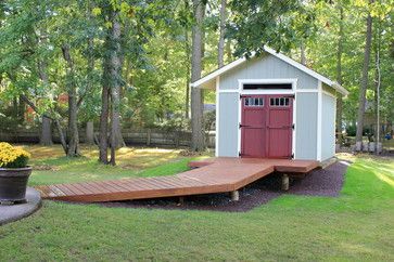 Shed and Bridge - traditional - Garage And Shed - New York - M&M Graphics - Dealing with that slope.... Elevated Shed, Shed Door Design Ideas, Raised Walkway, Craftsman Sheds, Elevated Walkway, Shed Ramp, Ramp Design, Greenhouse Shed, Doors Design