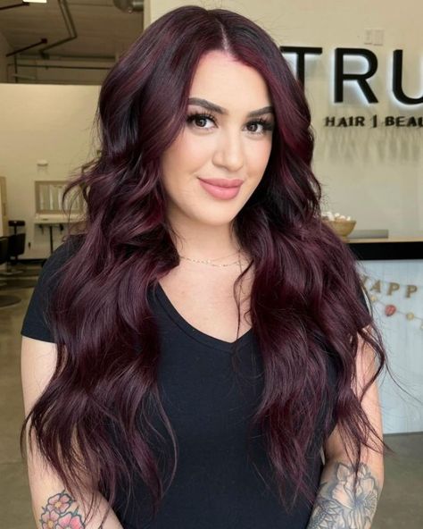 Bayalage Burgundy Hair, All Over Burgundy Hair Color, Burgundy Hair Olive Skin Tone, Burgandy Hair Bayalage, Burgundy Colour On Black Hair, Blackberry Balayage Hair, Brown Burgundy Ombre Hair, Black Root Burgundy Hair, Hair Color Burgundy Brown