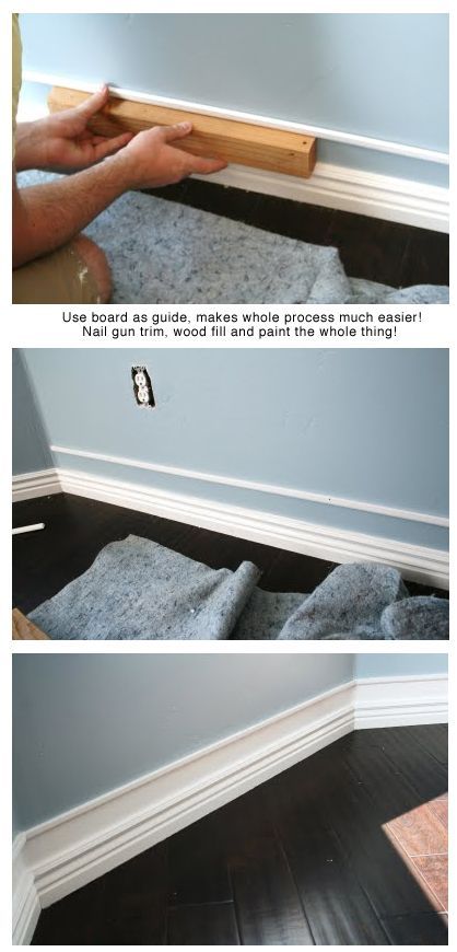 add a strip of trim a bit above already existing baseboards, paint and voila.. easy/cheap faux amazing thick... Thick Baseboards, Home Upgrades, Diy Home Improvement, Baseboards, Home Reno, Home Repair, My New Room, Home Look, 인테리어 디자인