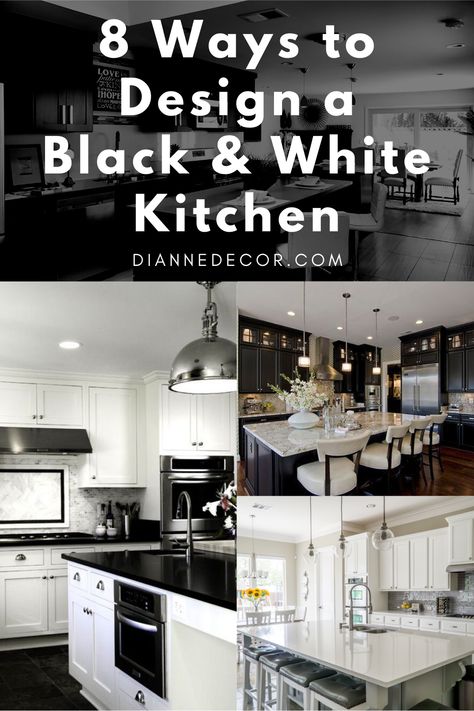 The black and white kitchen are absolutely beautiful when done right. Here are 7 ways to design a black and white kitchen.    #blackandwhitekitchens #blackkitchens #whitekitchens #kitchendesignideas #blackandwhitekitchenideas #kitchendesign White Kitchen Black Counter Decor, White Kitchen Cabinets And Black Island, Kitchen Cabinet Black And White, Black White And Gray Kitchen Ideas, Black And White Kitchen Decorations, Black And White Home Ideas Interiors, White Kitchen Black Trim, White Kitchens Black Countertops, White And Black Kitchens Modern