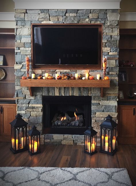 Rustic Fireplace With Tv Above, Lanterns By Fireplace, Stone Fireplace With Wood Mantle And Tv, Mantel Above Fireplace, Stone Fireplaces With Tv Above, Gas Fireplace Ideas With Tv Above Rustic, Chimney With Tv, Stone Fireplace Surround Ideas, Stone Fireplace With Tv Above Mantle