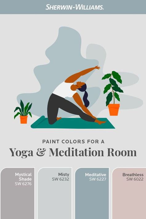 Make your at-home yoga space the calming retreat you need with cool hues from Sherwin-Williams. Tap the pin to discover more. #DIY #colorinspiration #interiordesign #yogaroom #meditationspace Yoga Room Ideas Zen Space Basement, Yoga Room Color Palette, Yoga Room Wall Colors, Pink Yoga Room, Basement Yoga Room, Meditation Room Colors Paint, Yoga Studio Colors, Yoga Studio Design Ideas Color Schemes, Meditation Room Paint Colors