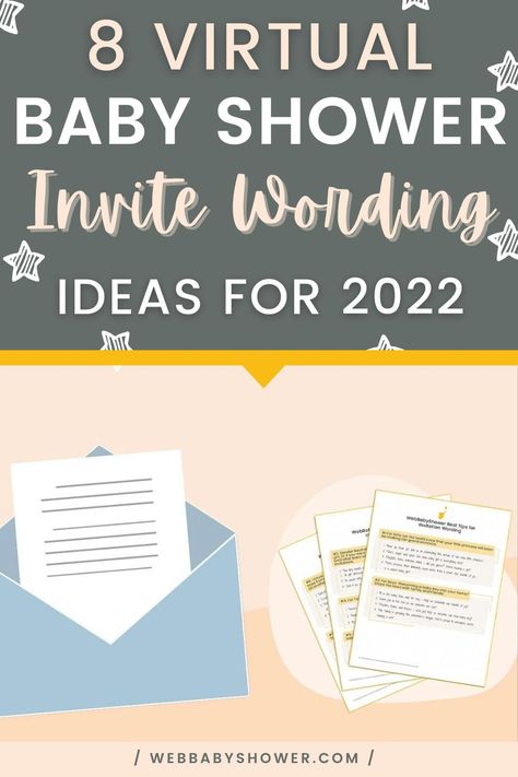 Are you a little short on inspiration when it comes to writing your virtual baby shower invitations? Get ideas from these 8 virtual baby shower invite wording relevant to 2022 right here! Baby Shower Etiquette, Virtual Baby Shower Ideas, Online Baby Shower Invites, Wording Ideas, Baby Shower Invitation Wording, Online Baby Shower, Couples Baby Shower Invitations, Virtual Baby Shower Invitation, Surprise Baby Shower