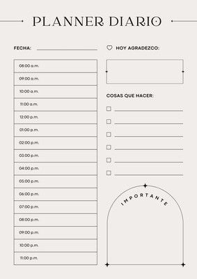 Planificador diario A4 con horarios simple y delicado en blanco beige y negro - Plantillas de Canva Coral Template, A4 Planner, Planner Diario, Organization Lists, Bullet Planner, Planner Tips, Daily Planner Pages, Bullet Journal School, Planning And Organizing