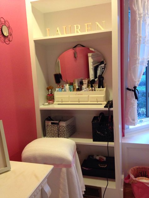 DIY Vanity: Built in bookshelf, hanging mirror, ribbon, organizer, hammer, nails. Vanity And Bookshelf, Bookcase Vanity, Closet Vanity Ideas Small Diy, Bookshelf Vanity, Mini Vanity Small Spaces Shelf On Wall, Closet Vanity Ideas, Dyi Vanity Shelf, Diy Beauty Room, Shelf Vanity