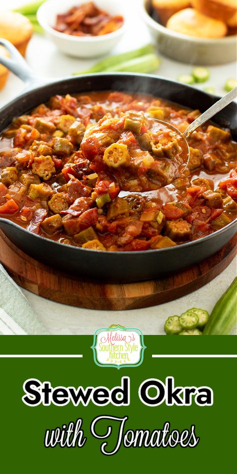 This Southern Stewed Okra with Tomatoes recipe is a classic summertime side dish to make. It works well using frozen okra, too! #stewedokra #bestokrarecipes #okra #Southernstewedokra #okrawithtomatoes #strewedokrawithtomatoes #easyokrarecipe Stewed Tomatoes And Okra Recipe, Stewed Okra And Tomatoes, Okra And Tomato Recipe, Gumbo Recipe Okra, Stewed Okra, Frozen Okra, Sauteed Okra, Okra Gumbo, Okra Stew