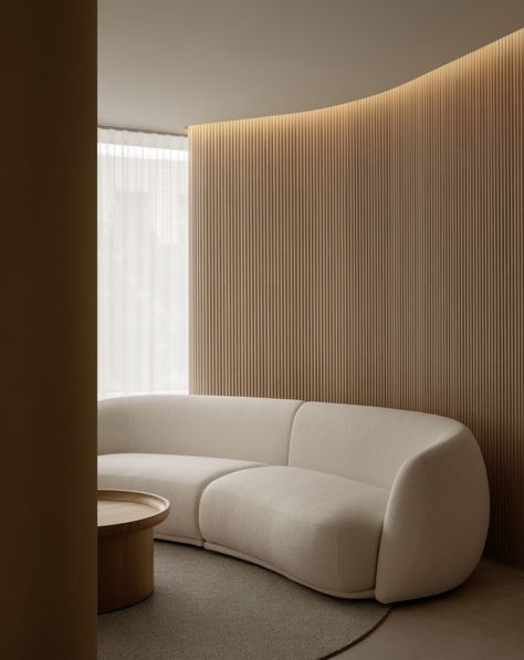 Lipo MD Clinic - Healthcare Snapshots Plastic Surgery Clinic, Downtown Montreal, Office Waiting Rooms, Davis Furniture, Healthcare Architecture, Sleep Sofa, Modular Lounges, Wall Seating, Curved Walls