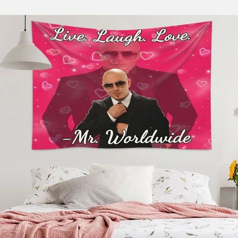 New Mr Worldwide Wall Tapestry That Measures 95x73, Great For Any Room And Includesall Hardware For Easy Hanging. Will Include A Free Gift Bag. Get It In Time For Christmas, Thank You Mr Worldwide, Tapestry Aesthetic, Funny Flags, Funny Tapestry, Blanket On Wall, Home Office Study, Wall Flag, Refresh Your Home, Funny Meme