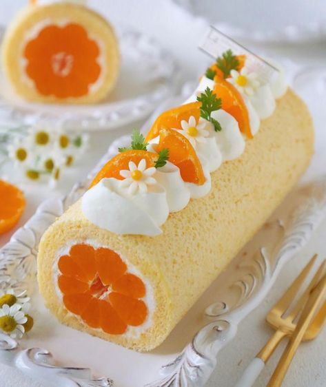 “Tangerine roll by atelieranne_cakes” Orange Roll Cake, Orange Roll, Cake Rolls, Orange Rolls, Baking Inspiration, Arts Magazine, Creative Desserts, Pastry Art, Roll Cake