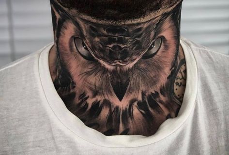 Lion Throat Tattoo, Mens Front Neck Tattoos, Neck Throat Tattoo For Guys, Owl Neck Tattoo Men, Throat Tattoo Men Ideas, Owl Throat Tattoo, Mens Throat Tattoo, Full Throat Tattoo Men, Lion Neck Tattoo