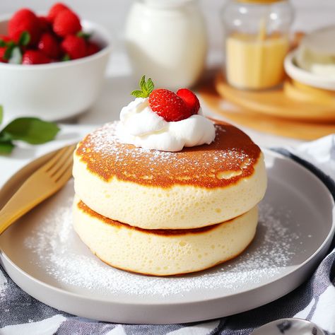 These super fluffy, jiggly, and pillowy-soft Japanese soufflé pancakes are a delightful treat for breakfast, snack, or dessert! They are sure to impress any Japanese Fluffy Pancakes Aesthetic, Japanese Souflee Pancakes Recipe, Japanese Pastry Recipes, Christmas Souffle, Pancake Dessert Ideas, Souffle Aesthetic, Souflee Pancakes Recipes, Desert Aesthetic Food, Japanese Pancakes Fluffy Recipe