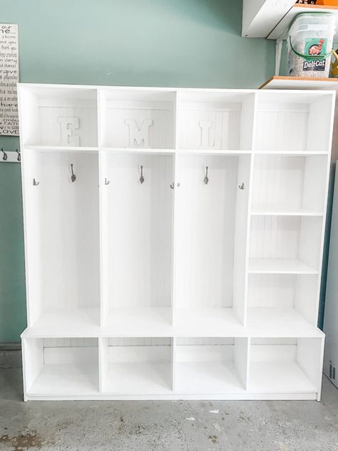 Entry Way Locker Closet, Garage Mudroom Ideas Diy, Mudroom In Garage, Diy Kids Cubby, Garage Drop Zone, Kids Mudroom, Mudroom Shelf, Backpack Station, Garage Lockers