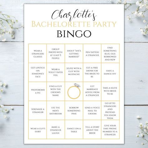 Bachelorette Bingo Gold Hen Party Game Challenge Bachelorette Bingo, Bingo Books, Road Trip Bingo, Free Printable Bingo Cards, Bingo Games For Kids, Bingo Online, Free Bingo Cards, Bingo Template, Hen Party Games