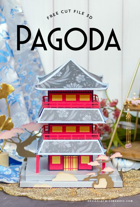 3d Paper Houses Svg Free, Japan Themed Party, Diy Japanese Decor, Diy Pagoda, Pagoda Architecture, Paper 3d Art, Plants Silhouette, Japan Decoration, Printable 3d Paper Crafts