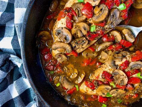 Skillet Chicken with Mushrooms, Roasted Peppers and Herbs Chicken With Peppers And Mushrooms, Chicken Peppers Mushrooms Recipe, Chicken With Roasted Red Peppers, Chicken Roasted Red Peppers, Dinner With Mushrooms, Roasted Tomato Chicken, Chicken Peppers And Onions, Boneless Chicken Recipes, Mushrooms Roasted