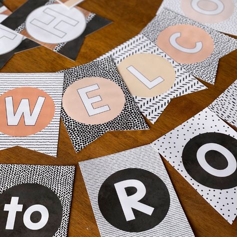 Classroom Bunting, Classroom Door Displays, Inspirational Classroom Posters, Neutral Classroom, Black White Prints, Neutral Classroom Decor, Classroom Borders, Black And White Patterns, Birthday Display