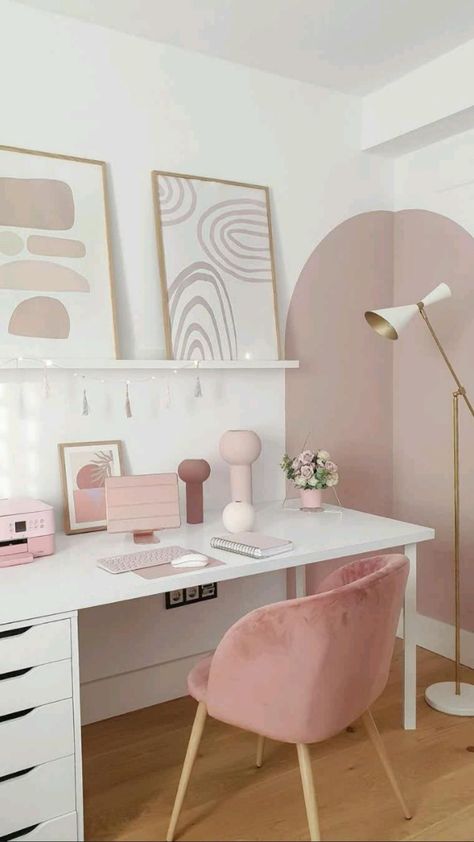 Pink Gold Office, Beige Bedroom Decor, Cheap Bedroom Decor, Beach Bedroom Decor, White Bedroom Decor, Gold Office, Bedroom Decor For Couples, Bedroom Decor Cozy, Study Room Decor