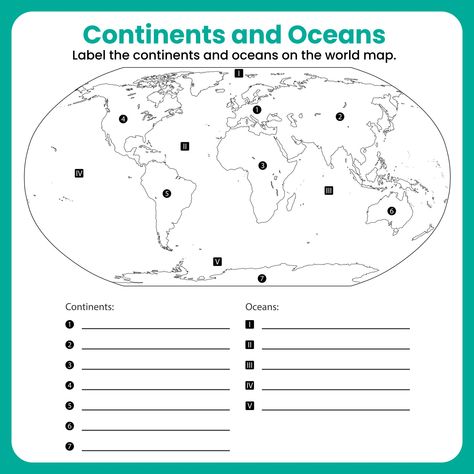 Continents And Oceans Map For 2nd Grade Blank Map Of Continents And Oceans To Label, Blank Continent And Ocean Map, Oceans And Continents Worksheet, Continents And Oceans Printables Free, Oceans Worksheet, Oceans Map, Map Of Continents, Blank World Map, Map Skills Worksheets