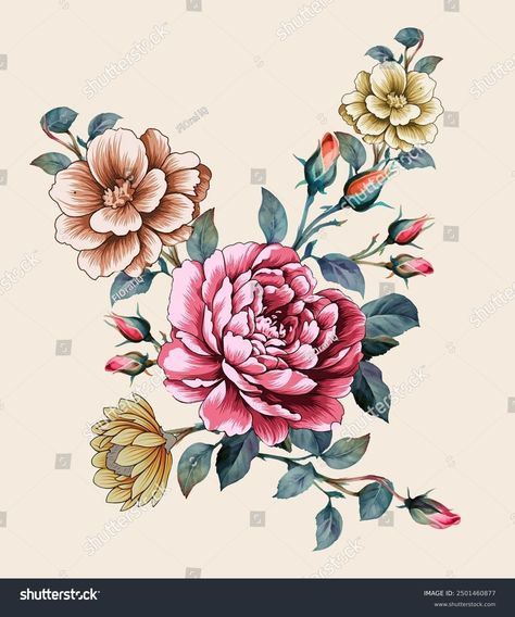 Digital Textile Design Flowers Leaves Digital Stock Illustration 2501460877 | Shutterstock Botanical Flowers Png, Flower Shutterstock, Mughal Floral Motifs, Flower Pattern Design Prints, Mughal Flower, Flower Hd, Flower Elements, Botanical Flower Art, Flower Bunch