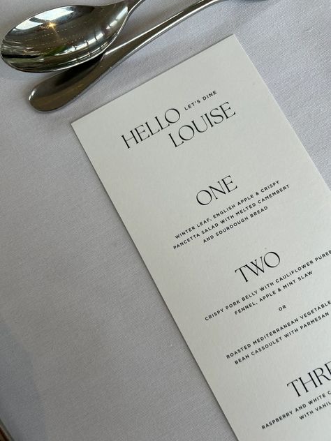 Modern weddign menus personalised with guest names. Crisp black ink printed on luxury card stock. Designed by @notesstudiouk Private Dinner Menu Design, Menus With Names Wedding, Wedding Menus With Guest Names, Menus Design, Menu For Wedding, New Year Menu, Wedding Menus Design, Event Stationery, Stationery Ideas