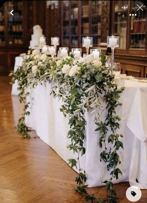 Rustic Elegant Wedding Flowers, Top Table Trailing Flowers, Wedding Head Table Ideas Elegant, Mantel Wedding Decor, Wedding Top Table Ideas, Simple Sweetheart Table Decor, Head Table Wedding Decorations Simple, Long Table Centerpieces Wedding, Head Table Wedding Decorations Elegant