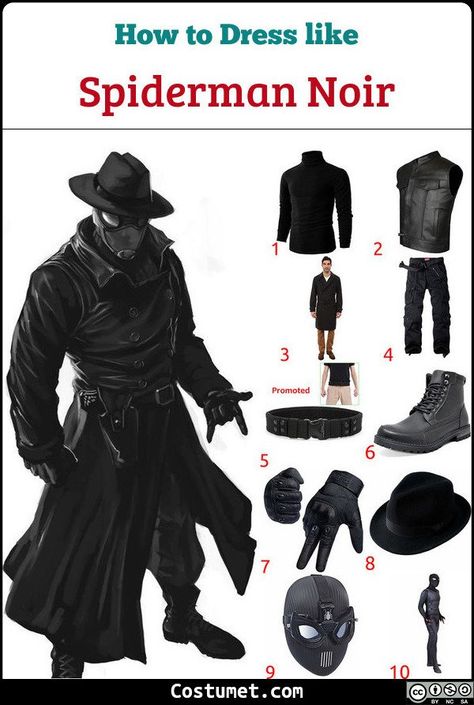 Spiderman Noir costume is a black turtleneck underneath a black vest, black pants, black boots, black gloves, and a black trench coat. He also has an all-black mask.            #Male #male #movies #tv #comics #Marvel #Spiderman #noir #detective Detective Spiderman, Spiderman Noir Outfit, Spider Noir Costume, Spiderman Suit Designs Black, Men Cosplay Ideas, Black Noir Spiderman, Spider Noir Cosplay, Spiderman Noir Cosplay, Detective Suit