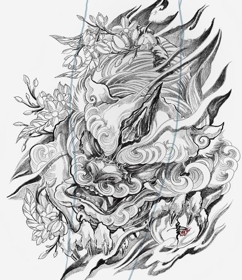 Sonneehoo 何 on Instagram: “Fudog+cherry blossoms🍂 #sonneetattoo #inklife #fudogtattoo #tattooart #asiantattoo #inkdrawing #designers #shishilion #fudog…” Dog Tattoo Design, Japanese Foo Dog, Foo Dog Tattoo Design, Foo Dog Tattoo, Chinese Artwork, Japan Tattoo Design, Japanese Dragon Tattoos, Fu Dog, Asian Tattoos