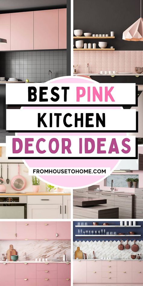 Pink Kitchen Decor Ideas And Inspiration Pink Kitchen Cabinets Black Countertop, Pink Walls In Kitchen, Pink Backsplash Kitchen Tile, Black White And Pink Kitchen, Pink Fridge Kitchen, Pink And Black Kitchen Decor, Pink Accent Kitchen, Pink Countertops Kitchen, Grey And Pink Kitchen Ideas