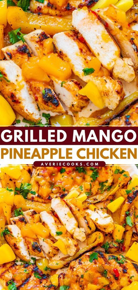 9 reviews · 15 minutes · Gluten free Paleo · Serves 4 · The perfect grilling recipe! Marinated in a mango-pineapple salsa, this tender, juicy grilled chicken will remind you of a tropical island. Serve with grilled peppers on the side for a healthy summer… Grilled Mango, Mango Pineapple, Pineapple Chicken, Summer Recipes Dinner, Grilled Chicken Recipes, Chicken Dishes Recipes, Summer Dinner, Chicken Dinner Recipes, Grilling Recipes