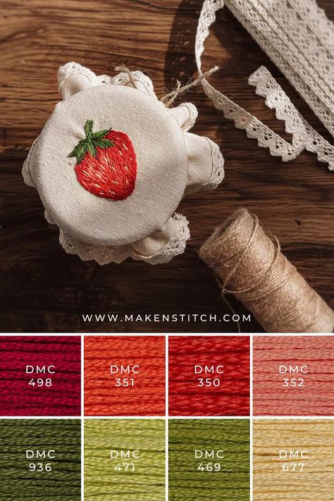 Cute Embroidery Strawberry, Embroider Strawberry, Strawberry Embroidery Pattern, Strawberries Embroidery, Strawberry Sewing, Embroidery Photography, Embroidery Color Palette, Food Embroidery, Embroidery Floss Crafts