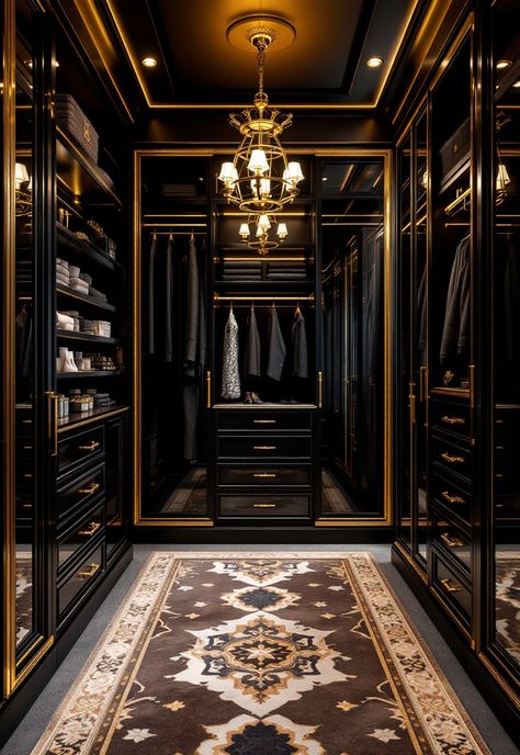 Walk in Closet Ideas Luxury Black Closet, Black White And Gold Closet, House Interior Wardrobe, Black And Gold Closet, Dark Walk In Closet, Black Walk In Closet, Walk In Closet Design Luxury, Moody Closet, His And Hers Closet