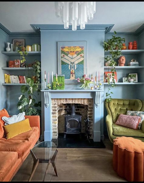 Living Room Decor Inspiration, Living Room Design Inspiration, Colourful Living Room, Deco Retro, God Help Me, Blue Living Room, Brick Fireplace, New Living Room, Living Room Inspo