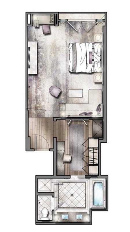 layout de um quarto com closet e wc Master Suite Layout, Master Suite Floor Plan, Hotel Room Plan, Bathroom Design Plans, Studio Suite, Hotel Floor Plan, Hotel Floor, Layout Plan, Bedroom Layout