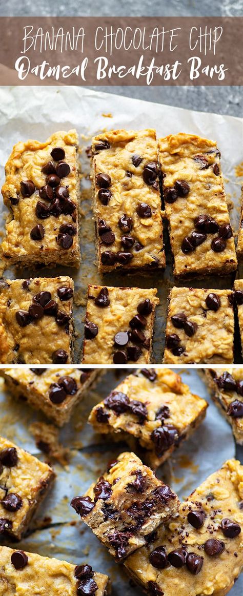 These thick, chewy banana chocolate chip oatmeal breakfast bars are the best way to start the day! Make them way ahead of time or freeze them for an easy grab 'n' go breakfast. Chocolate Chip Oatmeal Breakfast Bars, Easy Grab N Go Breakfast, Soft Baked Breakfast Bars, Banana Chocolate Chip Oatmeal Bars, London Recipes, Grab N Go Breakfast, Banana Breakfast Bars, Easy Grab And Go Breakfast, Oatmeal Chocolate Chip Bars