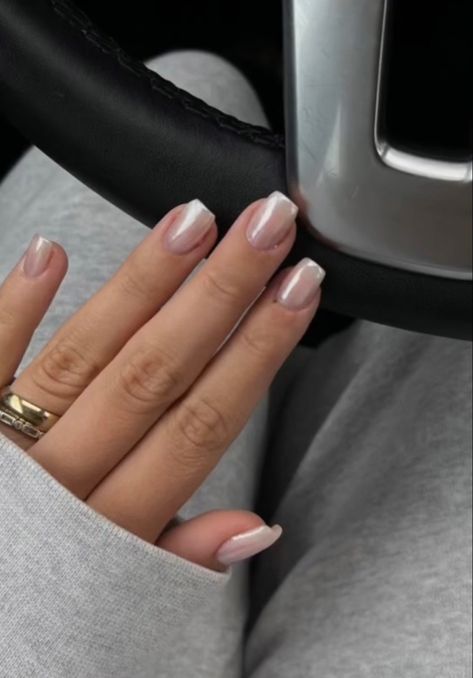 From TikTok Pearl Squoval Nails, Shiny French Manicure, Short Square White Chrome Nails, Pearly Nails Square, Wedding Nails Square Short, Pearl Chrome Nails Square, Graduation Nails Short Square, Wedding Nails Short Square, Neutral Chrome Nails Square