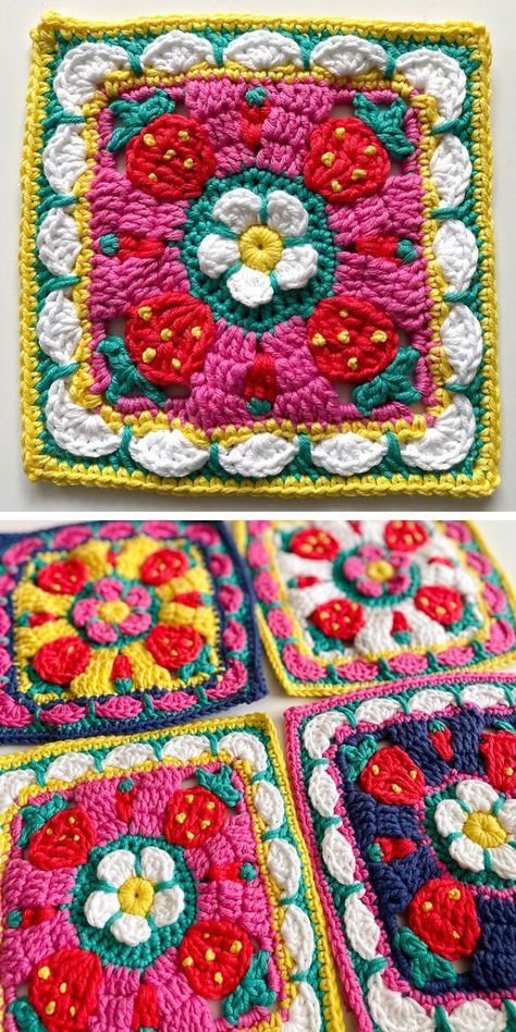 Bright and atmospheric, this crocheted square will remind you of the days spent with grandma in the village. It preserves the spirit of summer, cheerful and warm, and allows you to feel this atmosphere during the cold months of the year. The blanket made with these squares will be very cozy. The free crochet pattern is easy to follow. #freecrochetpattern #crochetsquare #crochetbuildingblocks #fruitcrochet Crochet On The Go, Maximalist Crochet, Funky Granny Squares, Funky Crochet Patterns Free, Weird Crochet Ideas, Crochet Ideas For Mom, Fun Granny Squares Free Pattern, Grandma Square Crochet Pattern, Pride Crochet Patterns