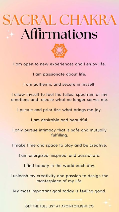 sacral chakra affirmations Sacral Chakra Affirmation, Sacral Chakra Healing, Chakra Health, Chakra Affirmations, Healing Affirmations, Become Wealthy, Self Love Affirmations, Chakra Meditation, Sacral Chakra