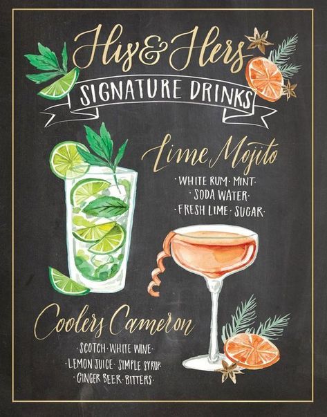 Cocktail Signs, Signature Cocktail Drinks, Wedding Bar Menu Sign, Bar Menu Sign, Menu Illustration, Bar Menu Wedding, Cocktails Sign, Menu Sign, Custom Cocktails