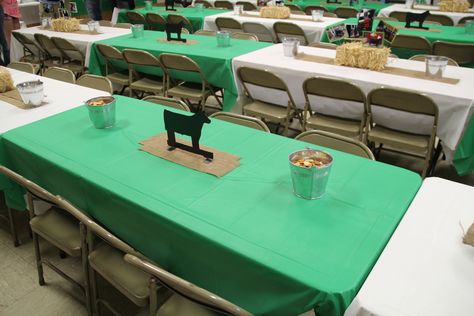 Show cattle theme grad part, using small burlap piece in center with show calf on it, then the two galvanized buckets on either side with Chex mixes. 4h Banquet Decorations, 4h Centerpieces, Ffa Party Decorations, Show Cattle Graduation Party, Ffa Senior Table Ideas, Ffa Banquet Centerpieces, Ffa Decorations Banquet, Ffa Themes For The Year, Ffa Banquet