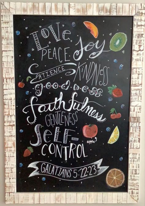 Chalkboard Art Bible Verse, Fruit Chalk Art, Chalk Illustration, Chalk Markers Art, Holly Spirit, Fruits Of The Spirit, Pure Skin, Board Art, Chalk Markers