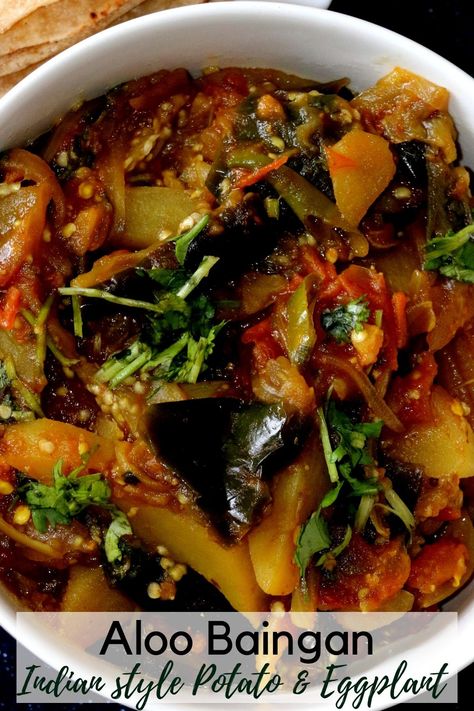 Aloo baingan is a Indian style vegan recipe made with eggplants and potatoes. It can be served with rice as well any Indian bread like roti, naan, paratha. #aloobaingan #easyeggplantrecipe #healthyrecipe #easyindianrecipe Indian Eggplant And Potato Recipes, Indian Veggies Recipe, Eggplant Indian Recipes Vegetarian, Aloo Baingan Recipe Punjabi, Indian Aloo Recipe, Indian Subji Recipes, Egg Plant Recipes Indian, Obergine Recipes, Indian Eggplant Recipes Simple