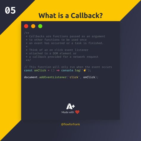 What exactly is a callback in JavaScript? You've been dealing with them constantly, but can you word it? 📖 Learn more at https://www.webtips.dev/webtips/javascript-interview/what-is-a-callback-in-javascript Repurposed Instruments, Javascript Cheat Sheet, Coding Tips, Javascript Methods, Programming Javascript, For Loop Javascript, Coding Javascript, Computer Ideas, Coding Camp